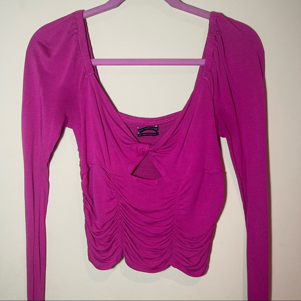 Urban Outfitters long sleeved pink rouched keyhole top